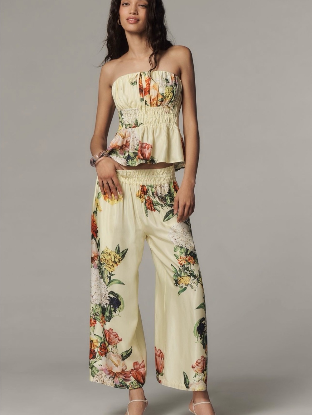 Anthropologie Cream Floral Wide-Leg Jumpsuit Set with Green and Orange Accents